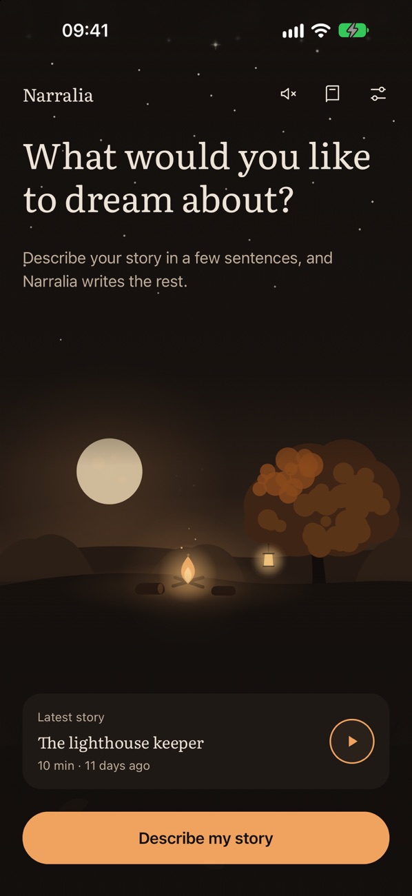 Narrastella’s home screen, under a night sky